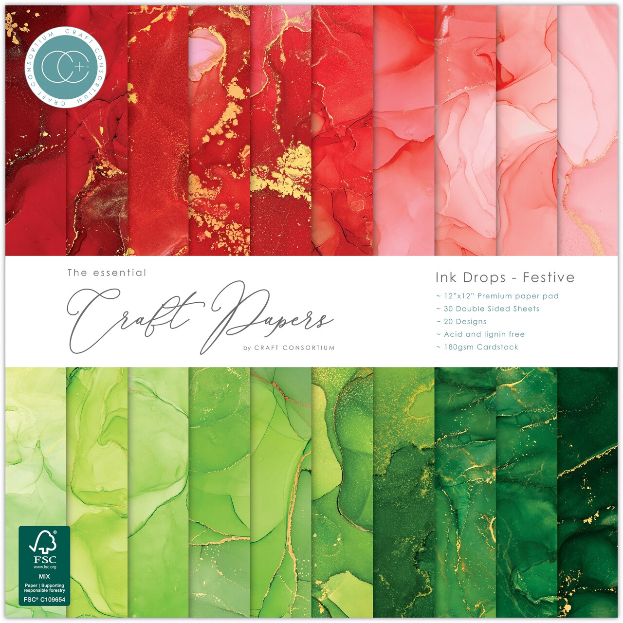 Craft Consortium Double-Sided Paper Pad 12"X12" 30/Pkg-Ink Drops - Festive
